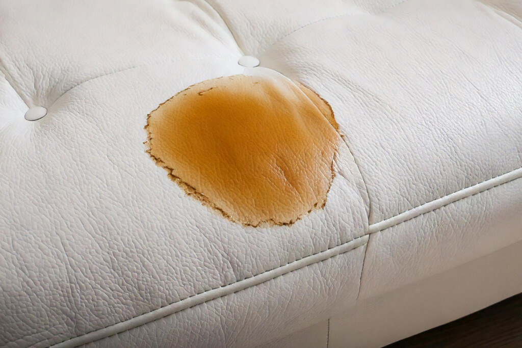 Coffee stain on a white leather sofa